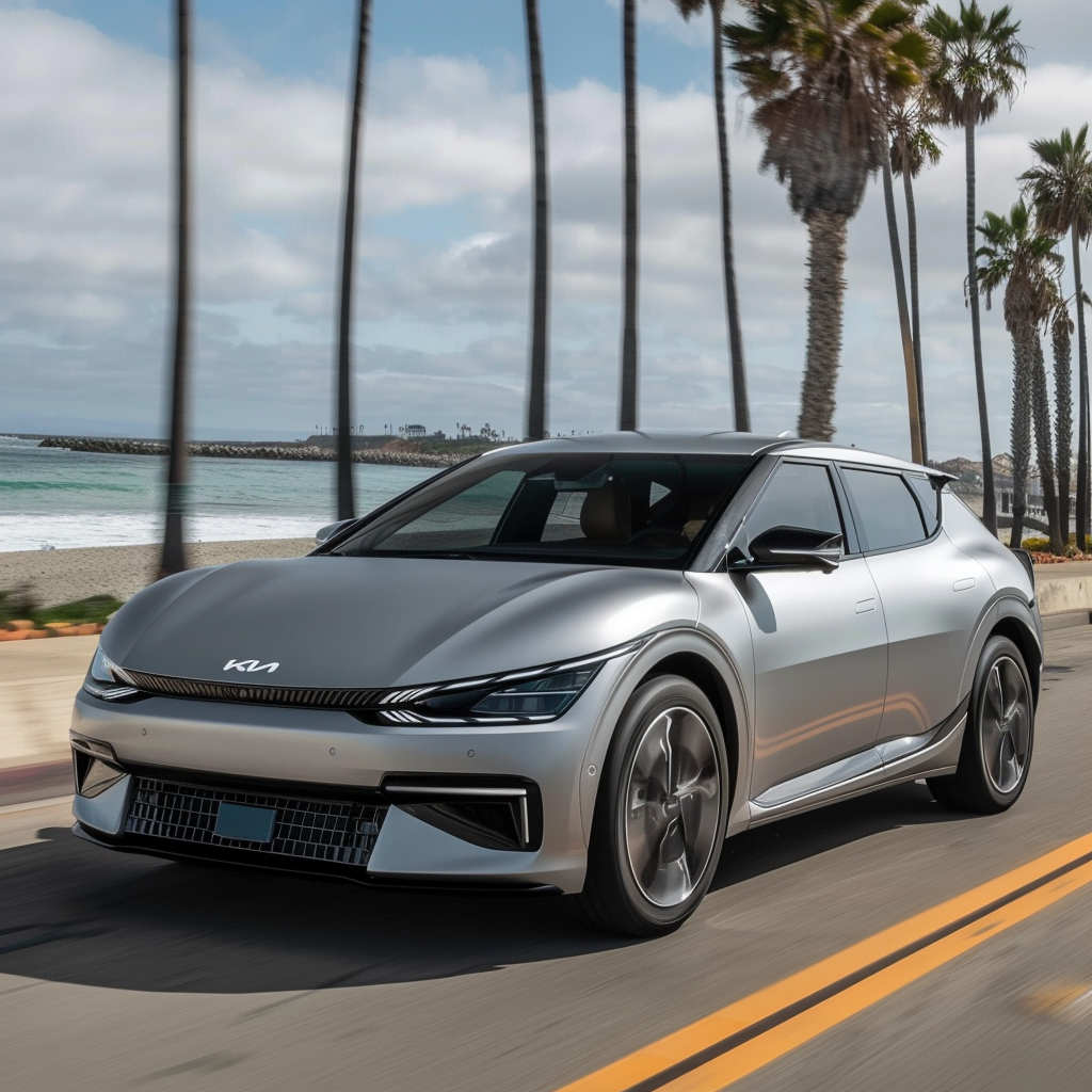 Silver car driving on a palm-lined street in San Diego