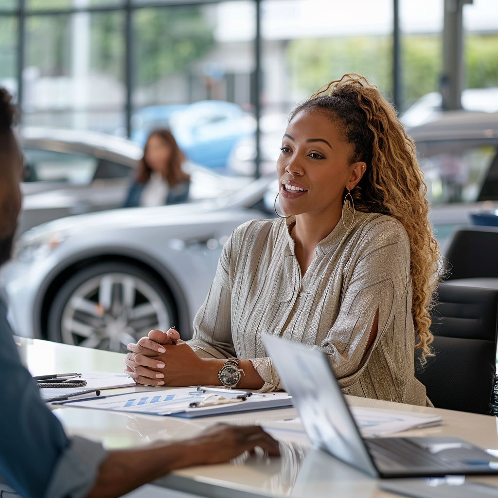 Woman discussing car lease options with a representative