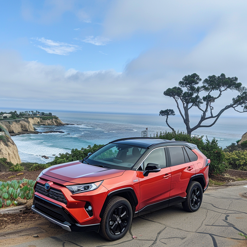 Orange electric SUV parked by the ocean in San Diego