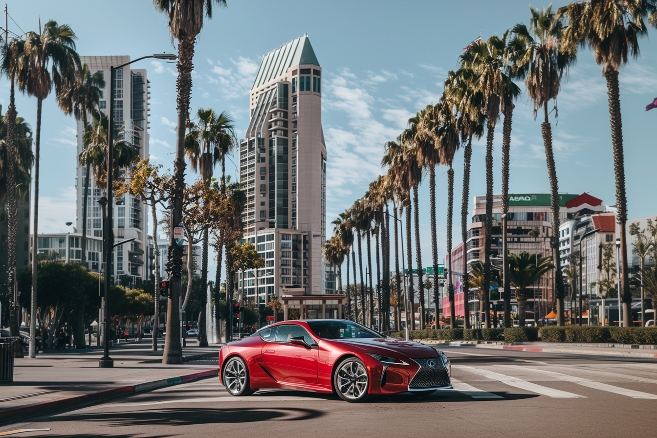 Red car parked in downtown San Diego with palm trees and buildings in the background